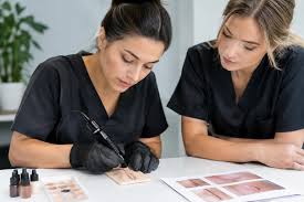 Instructor guiding a student through tattoo practice