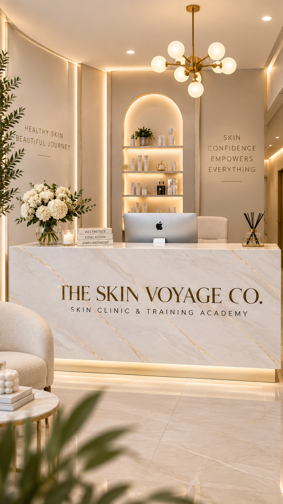 The Skin Voyage Co. reception desk branding